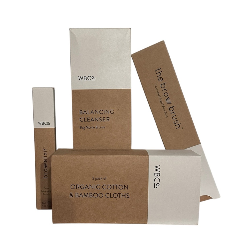 NWOT WBCo. Bundle cleaner, brow elixir, brow brush, and cleaning cloths